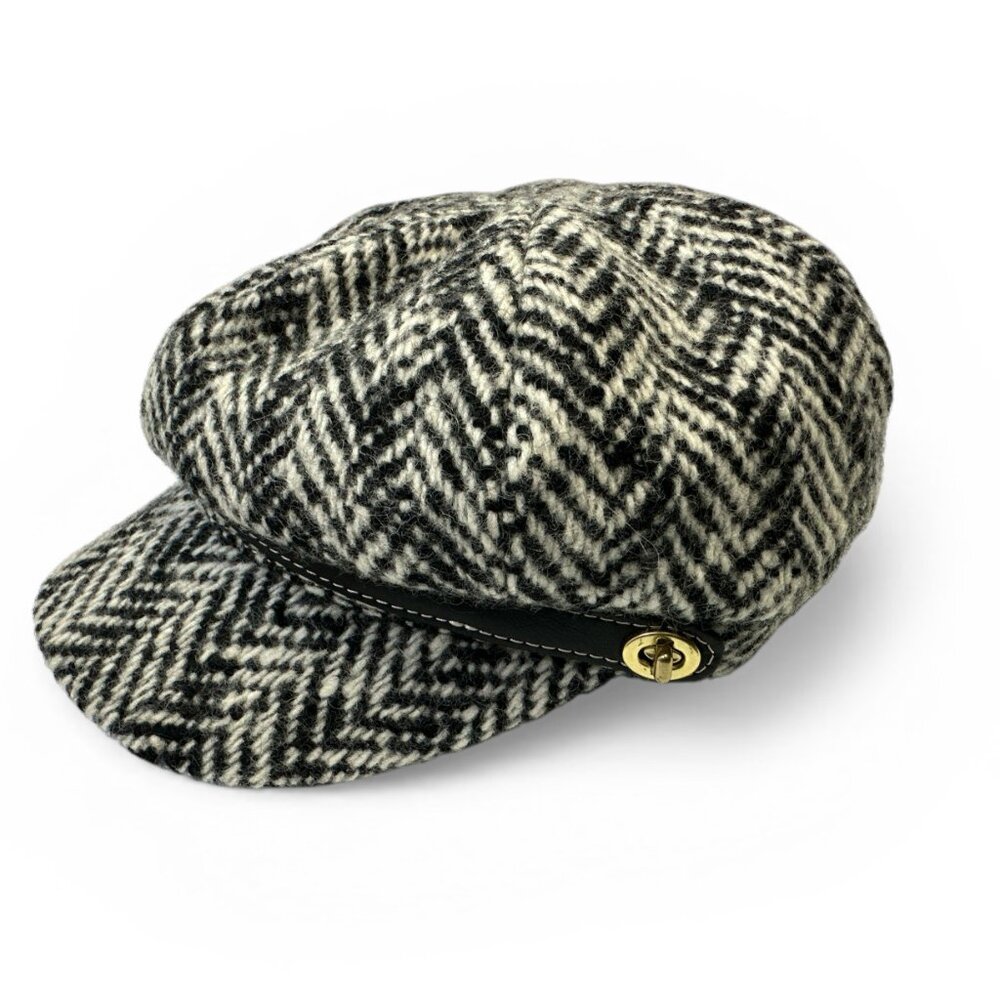 Coach Newsboy Wool Hat Cap Wool Mohair Leather Trim Black Herringbone